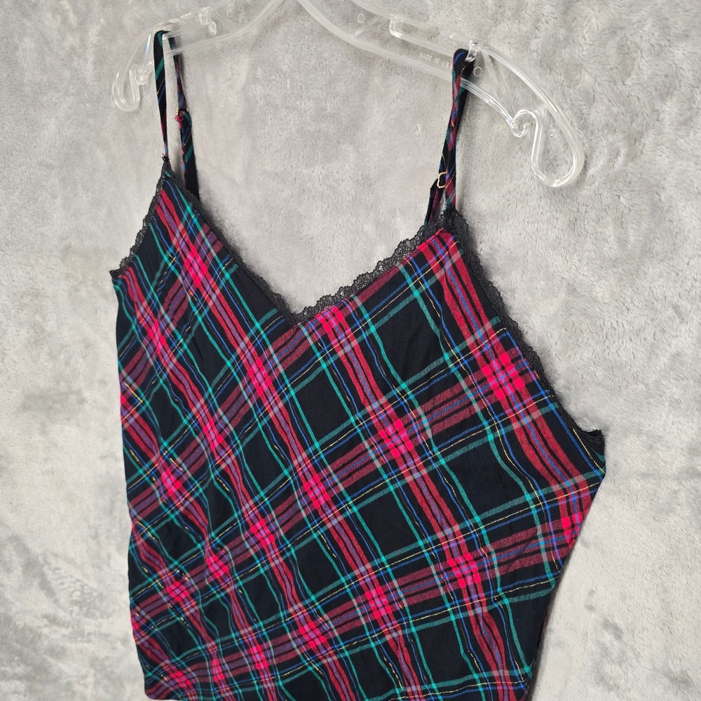 Victorias Secret Slip Dress Womens XXL Black Pink Plaid Lace Trim Nightie Grunge - Picture 10 of 15